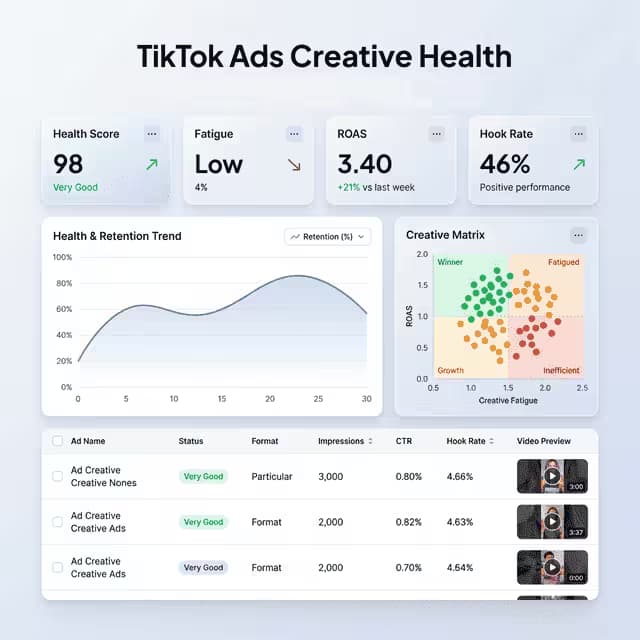 TikTok Ads Creative Health Dashboard Mockup